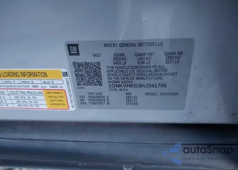 2017 Chevrolet Traverse 2Lt z USA, uszkodzony, nr VIN 1GNKVHKD3HJ341706